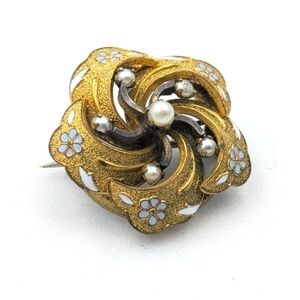 Antique Victorian enamel seed pearl flower knot small brooch pin